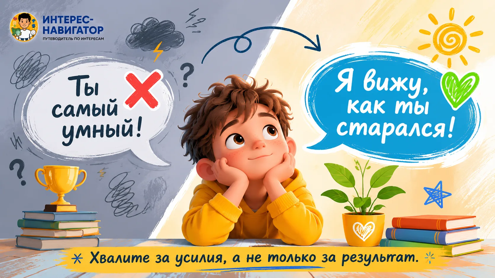🌱 Не спешите хвалить ребёнка словами «Ты самый умный»