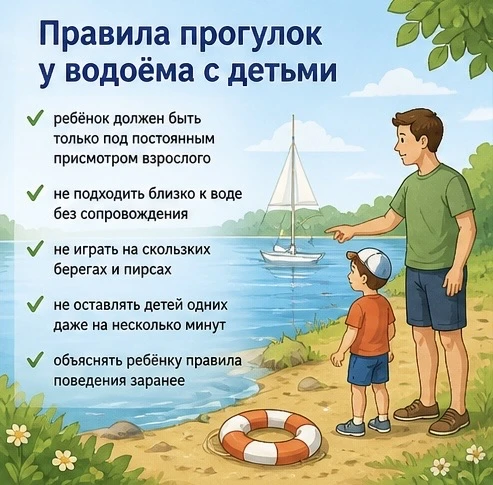 🌿 В тёплое время года многие семьи отдыхают у водоёмов.
Напоминаем о важных правилах безопасности:
