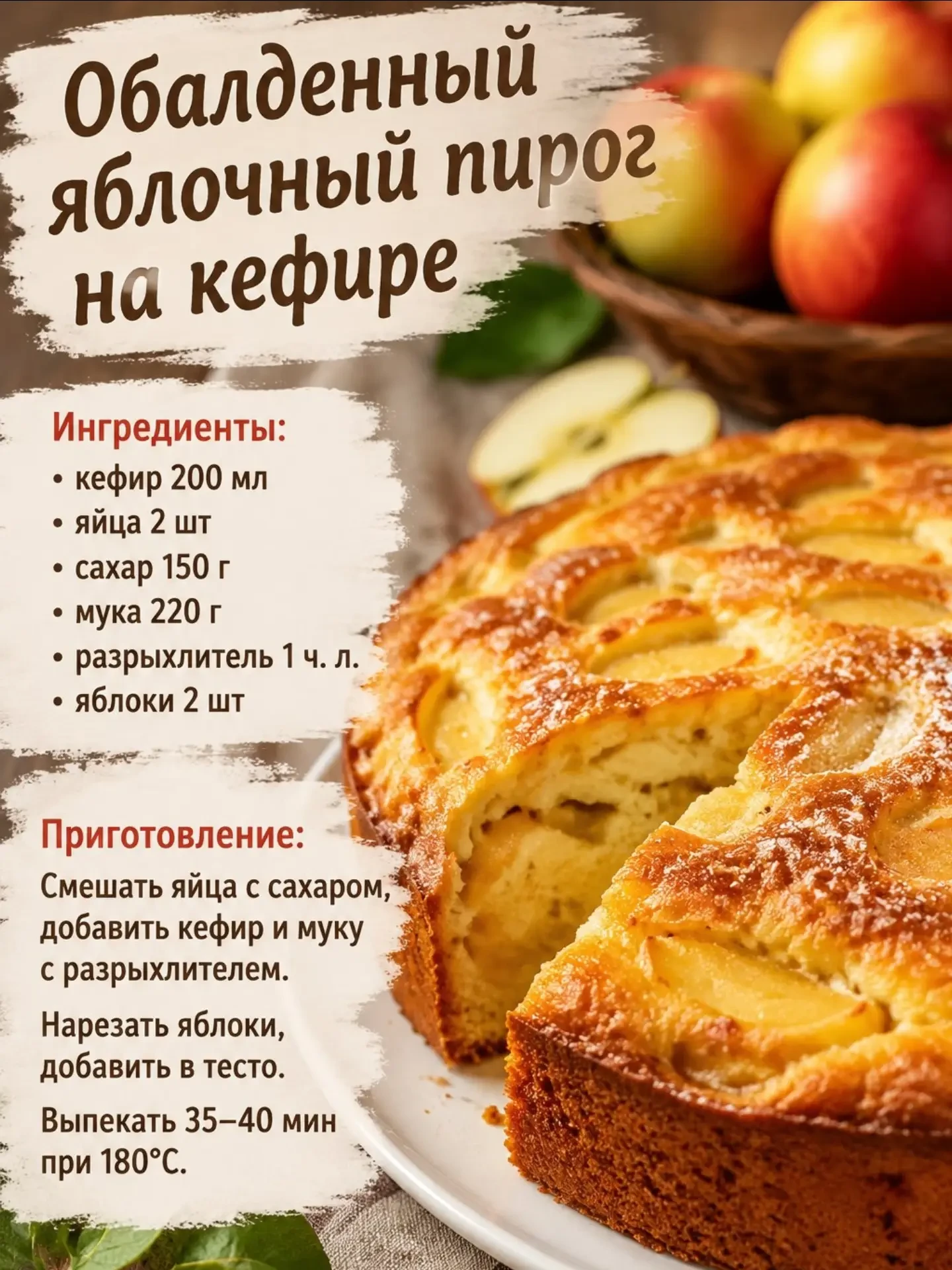 Обалденный яблочный пирог на кефире