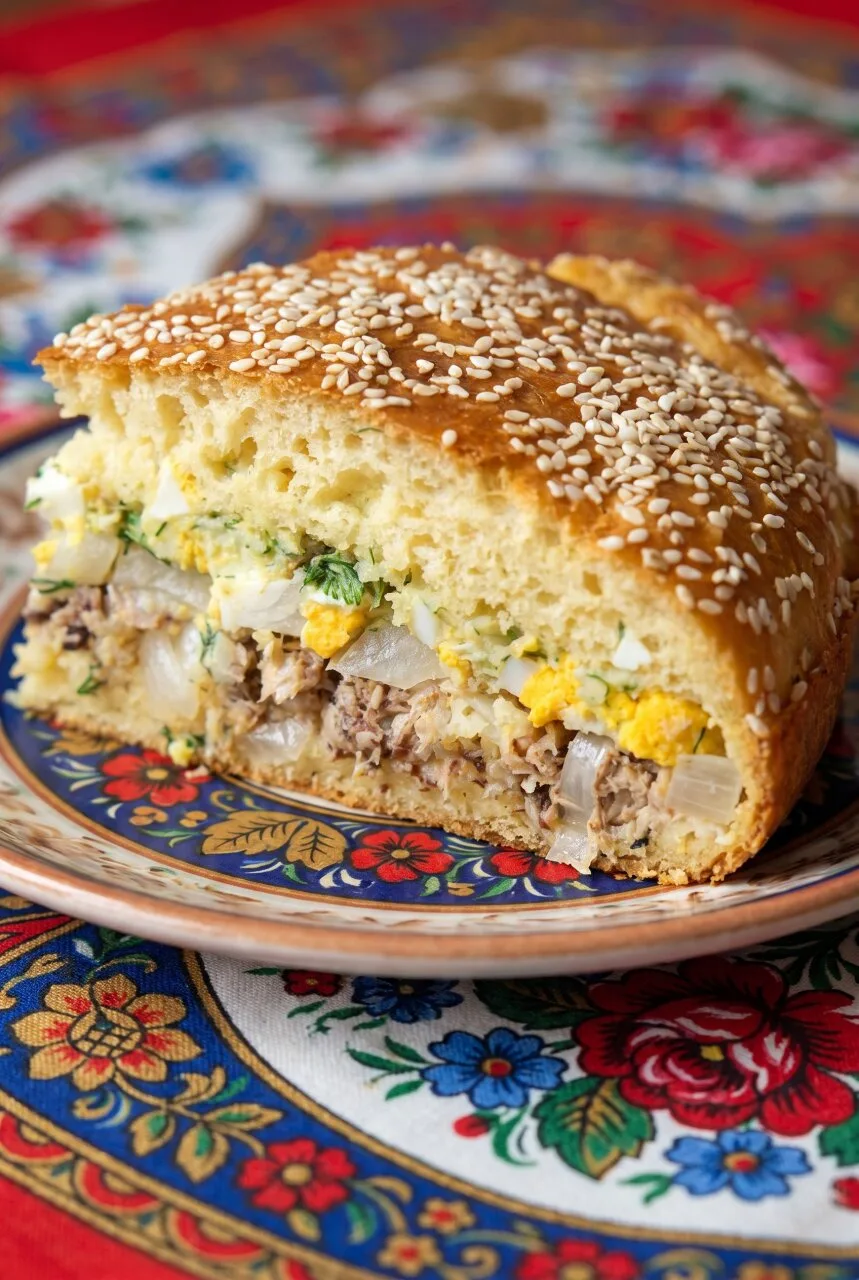 ВОЗДУШНЫЙ ЗАЛИВНОЙ ПИРОГ С РЫБОЙ ЯЙЦАМИ И МАРИНОВАННЫМ ЛУКОМ ДЛЯ СЫТНОГО ДОМАШНЕГО ОБЕДА