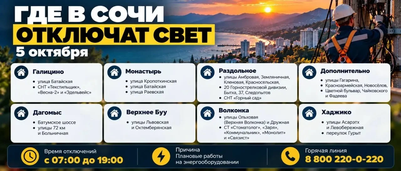 Где в Сочи отключат свет 5 октября