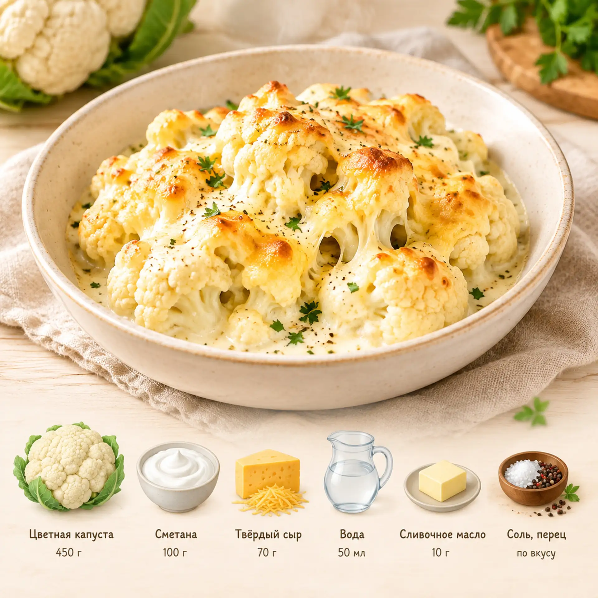 Цветная капуста в сметане с сыром 🤤