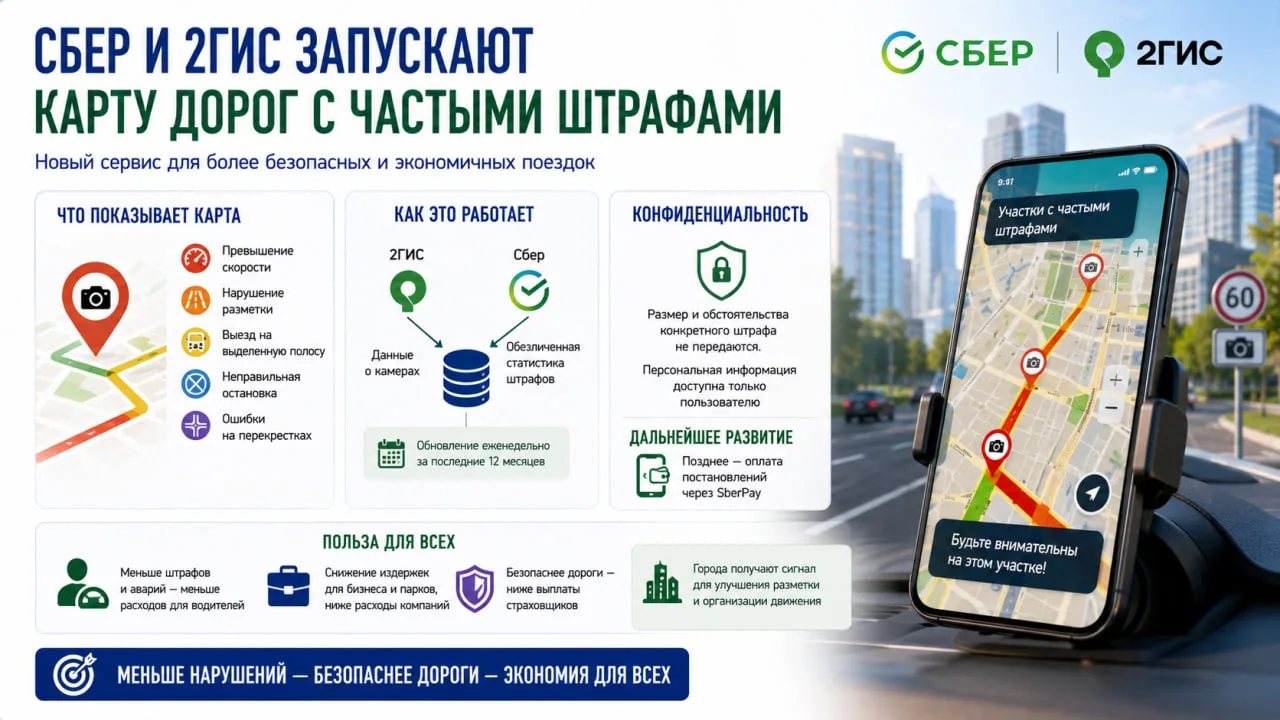 Сбер и 2ГИС осенью запустят карту участков дорог с частыми штрафами. Сервис объединит с...