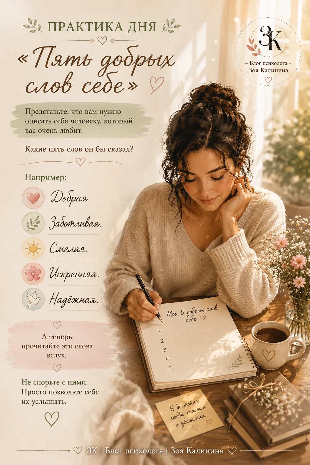 🌿 ПРАКТИКА ДНЯ
«Пять добрых слов себе»

Блог психолога | Зоя Калинина🌸