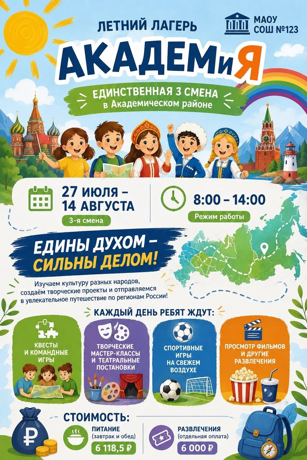 ☀ Приглашаем на ЕДИНСВЕННУЮ 3 СМЕНУ в Академическом районе в летний лагерь "АКАДЕМиЯ" при МАОУ СОШ №