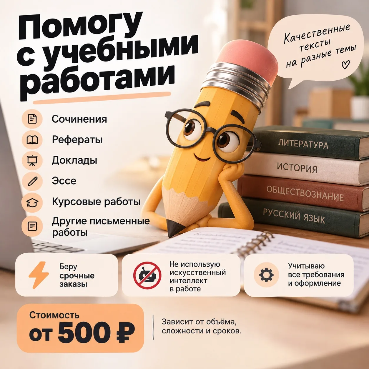 Добрый день! Если кому-то нужна помощь с учебой, могу взять в работу сочинения, реферат...
