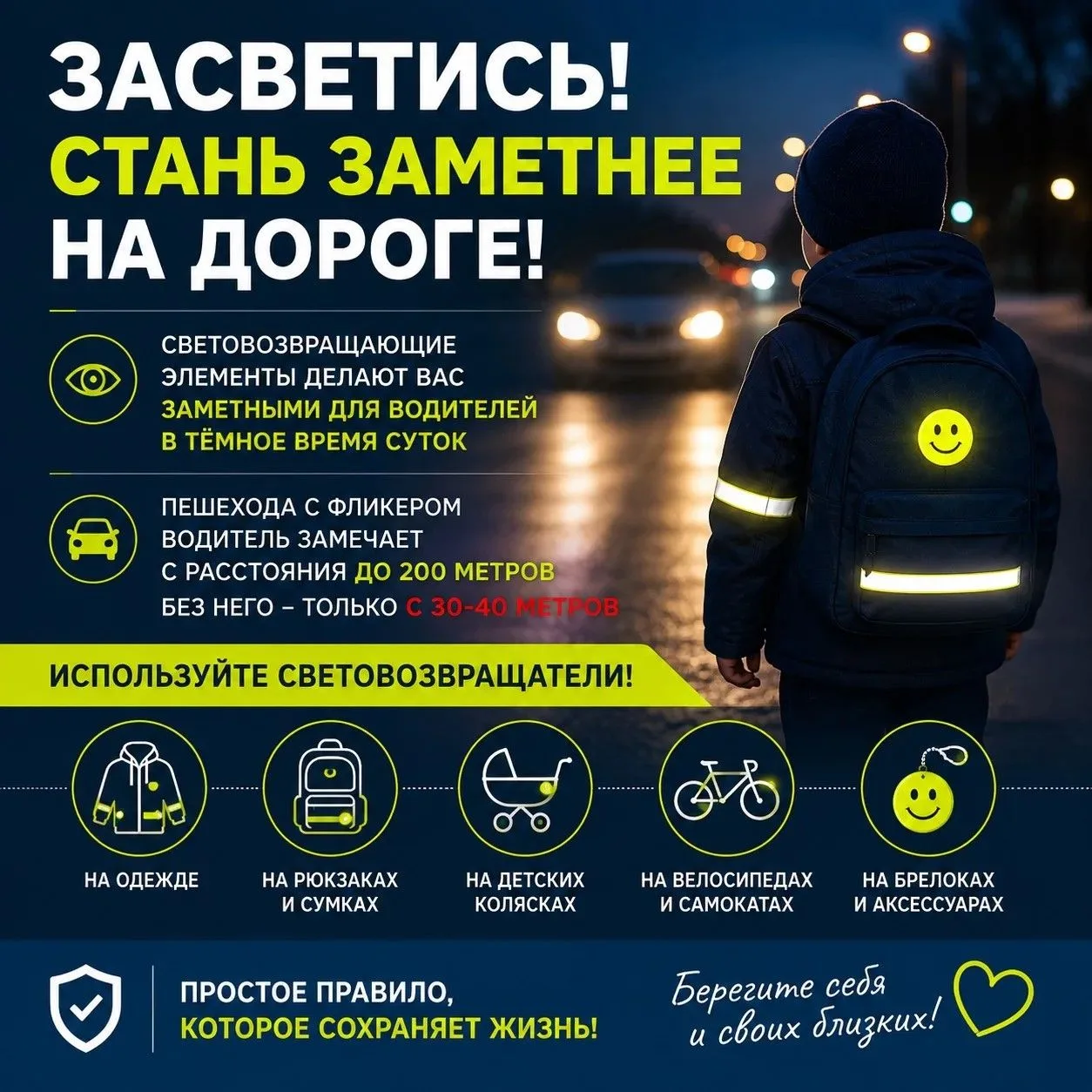 Световозвращающие элементы – простое средство, которое помогает сохранить жизнь и здоровье! 🚶‍♂️✨

