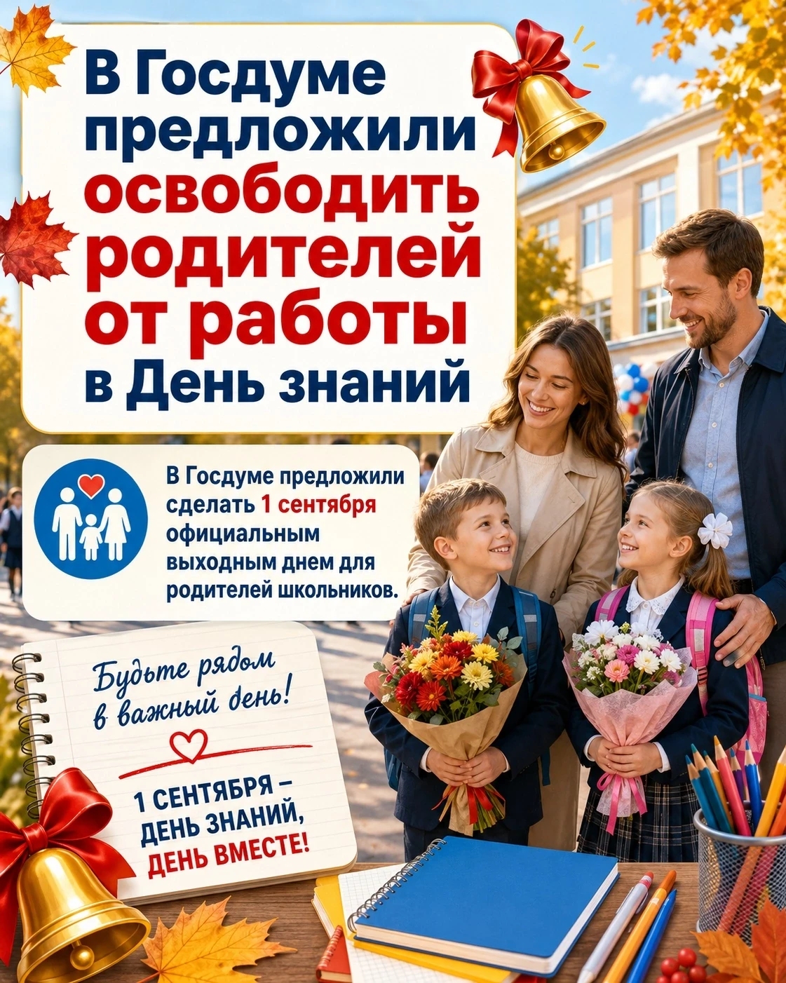 В Госдуме предложили освободить родителей от работы в День знаний 
 
В Госдуме предложили сделать 1 