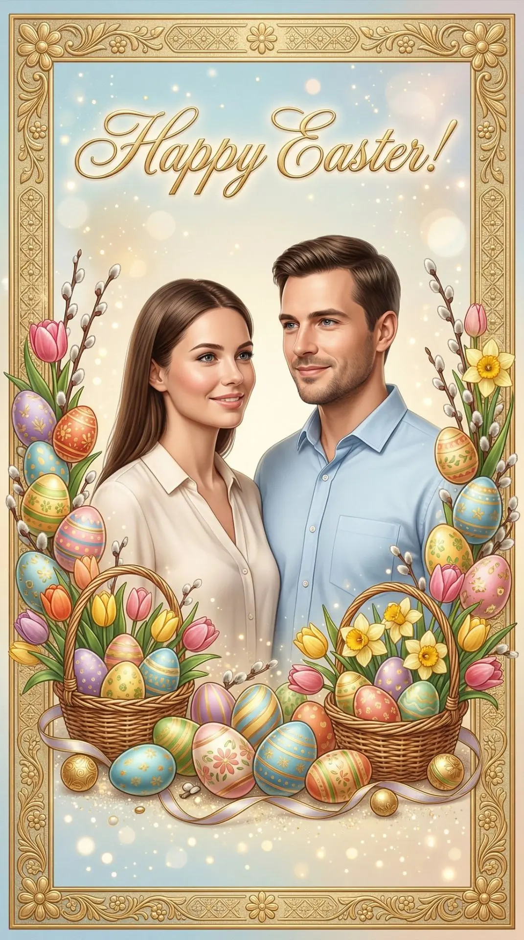 Праздничная пасхальная открытка в стиле классических новогодних greeting cards, с центральной композ