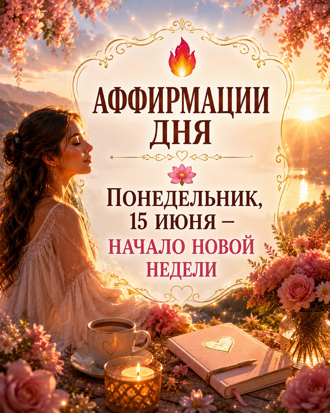 🔥 Аффирмации дня

🌸 Понедельник, 15 июня — Начало новой недели

Новая неделя приносит успех 🌟

Я 