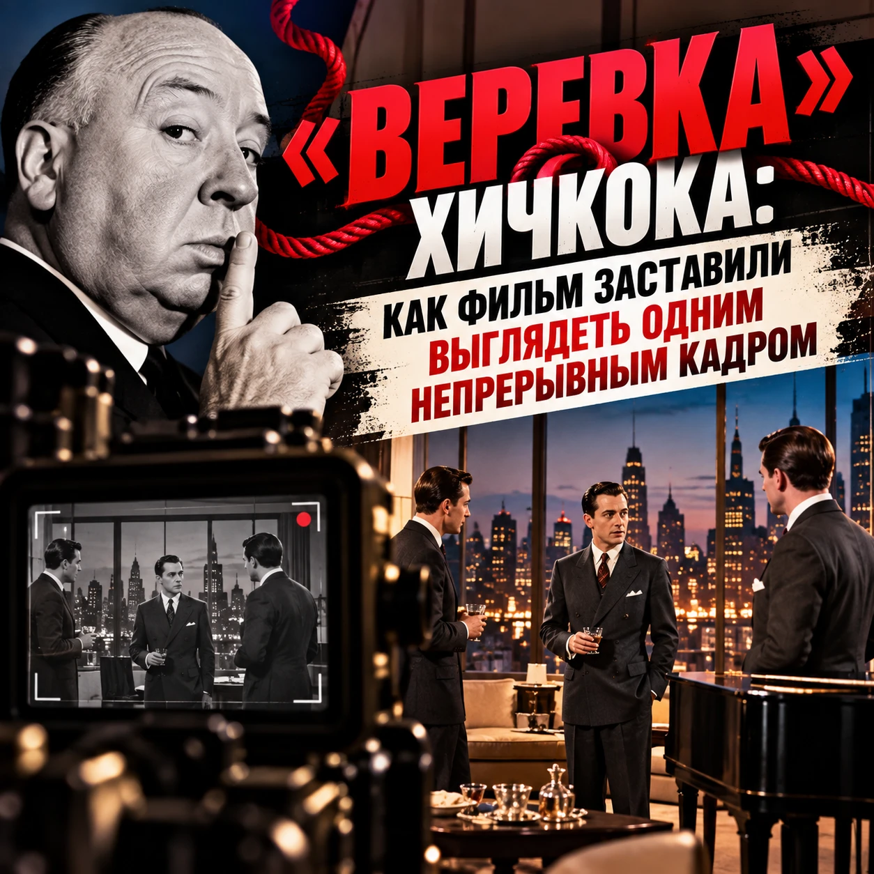 🎬 «ВЕРЕВКА» ХИЧКОКА: КАК ФИЛЬМ ЗАСТАВИЛИ ВЫГЛЯДЕТЬ ОДНИМ НЕПРЕРЫВНЫМ КАДРОМ
