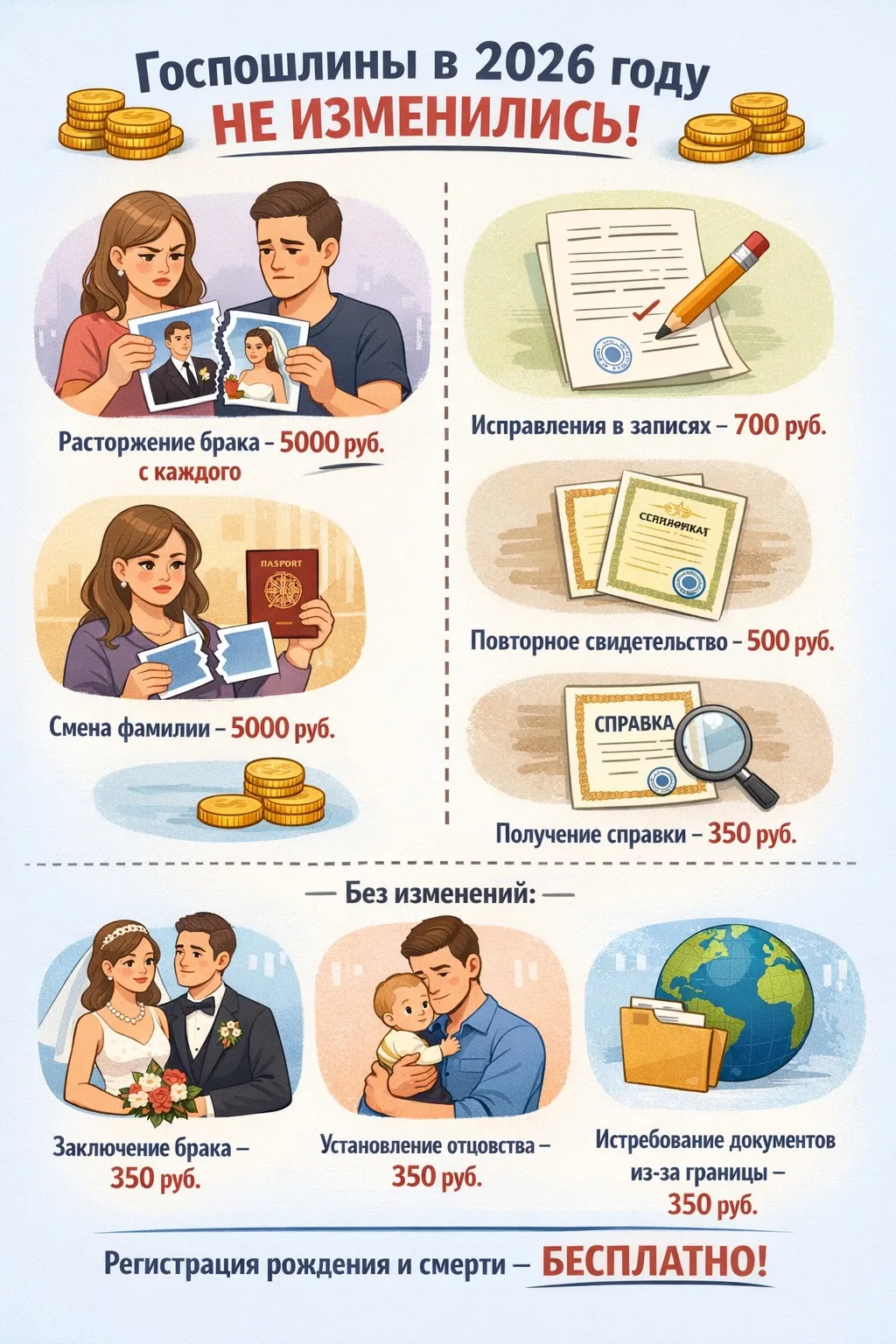 В 2026 году размеры государственной пошлины за услуги ЗАГС остались неизменными.
