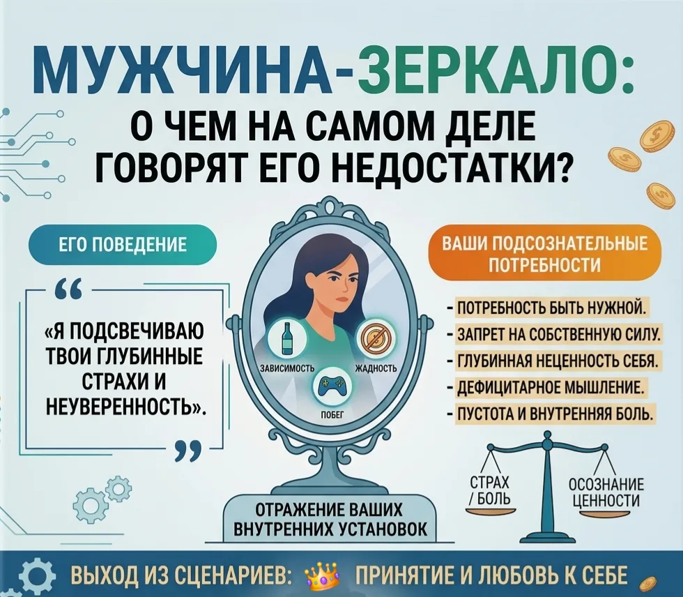 Мужчина-зеркало: о чем на самом деле говорят его недостатки?
​Бывало ли так, что вы смотрели на свое