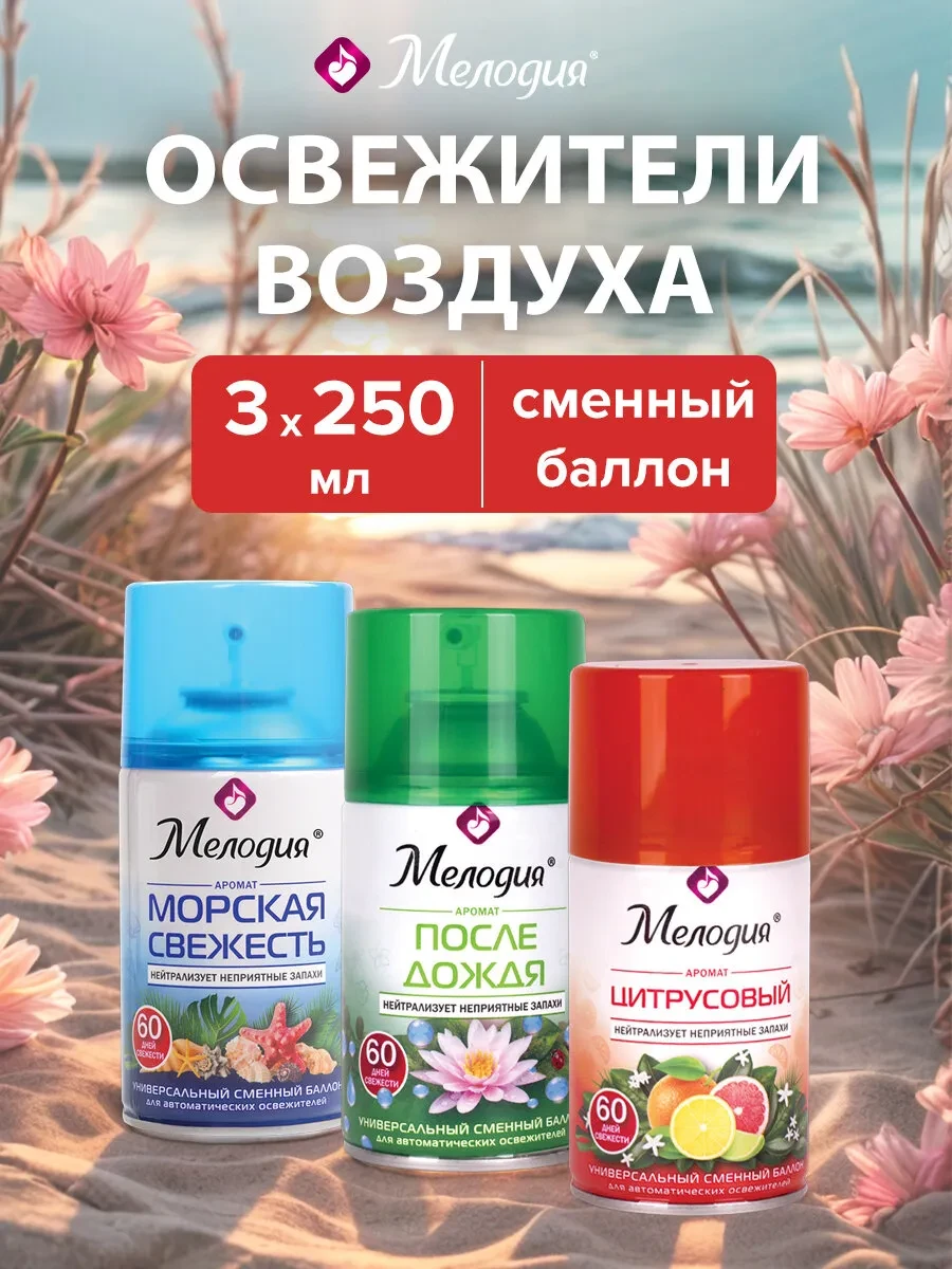 ⚡️ Освежитель воздуха сменный баллон 250 мл, набор 3 шт ассорти, Мелодия