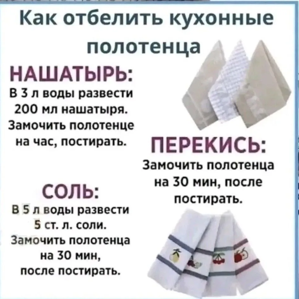 Как вернуть кухонным полотенцам первозданную белизну: 3 лучших бюджетных способа ✨🧼