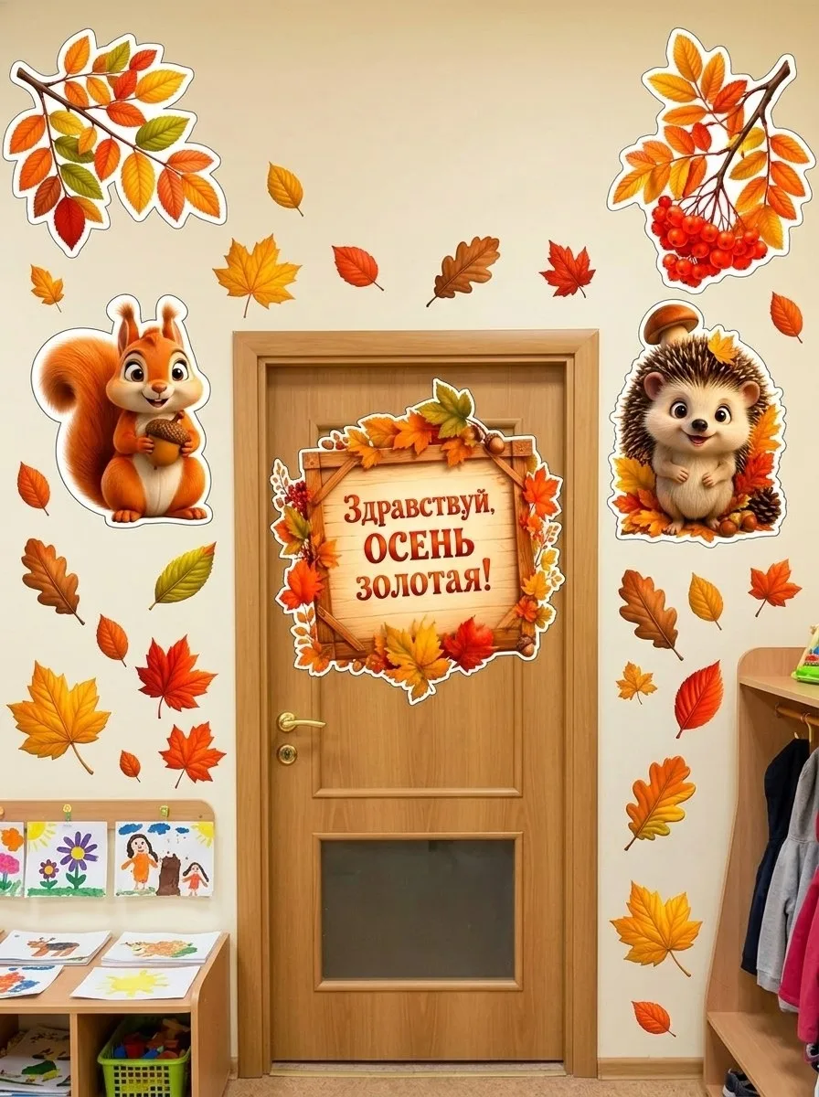 Подборка иллюстраций для осеннего оформления группы и класса: листья, ёжик, белка, табл...