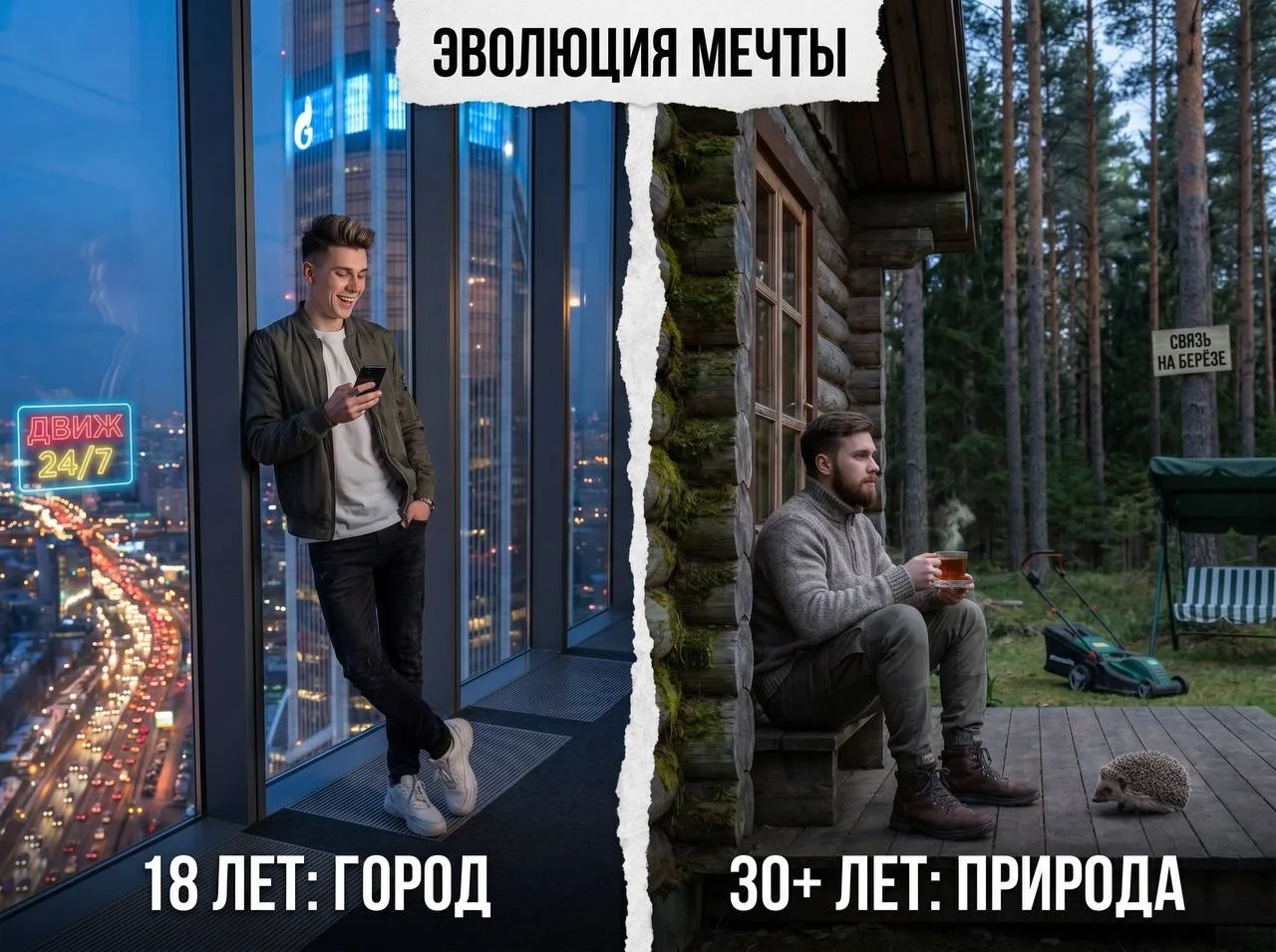 Эволюция мечты, или В какой момент нас потянуло к земле? 🌲🦖

В 18 лет: «Хочу жить на 45-м этаже в 