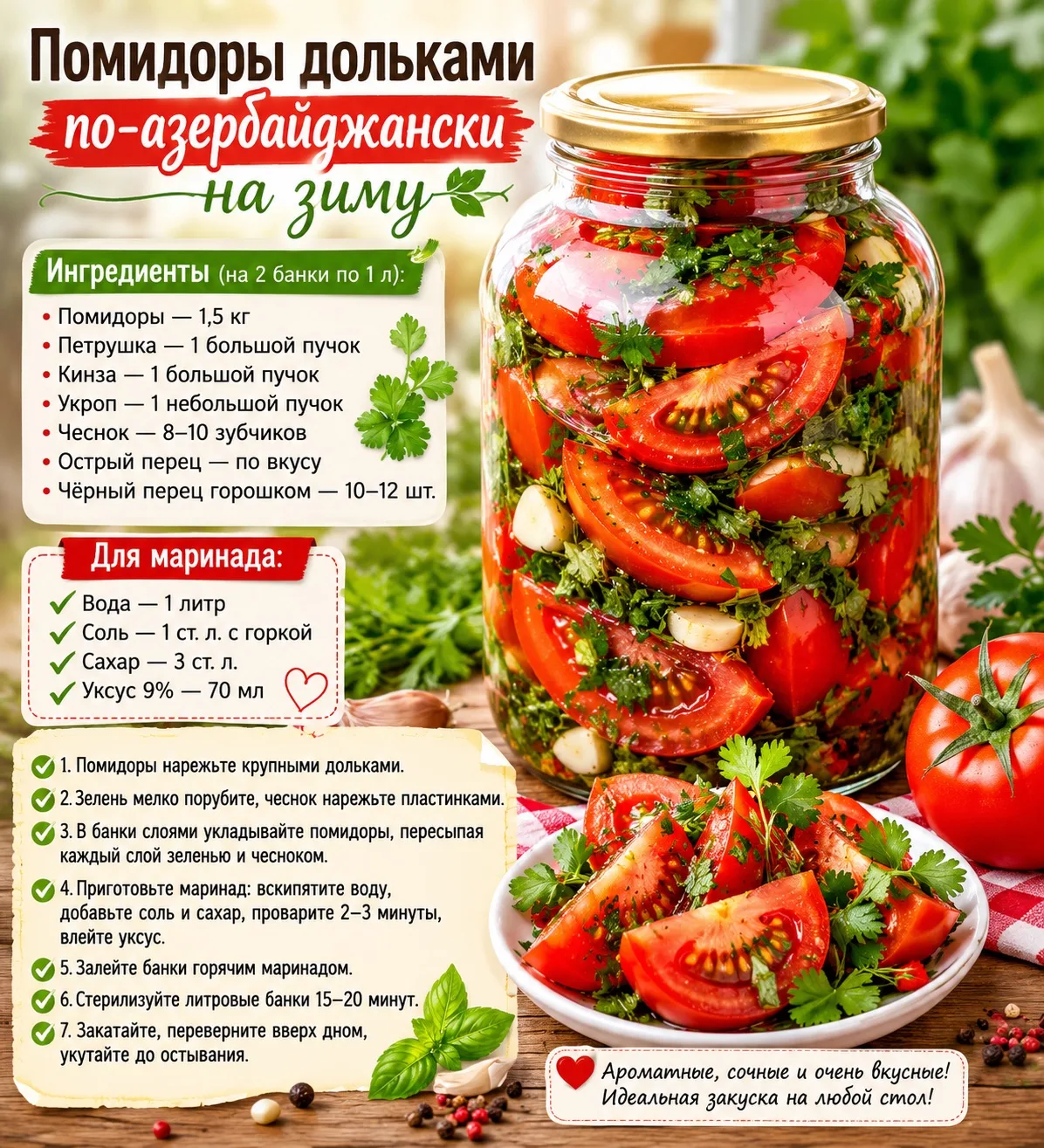 Помидоры дольками с зеленью по-азербайджански на зиму.

Ароматные, сочные и очень вкусные помидоры с