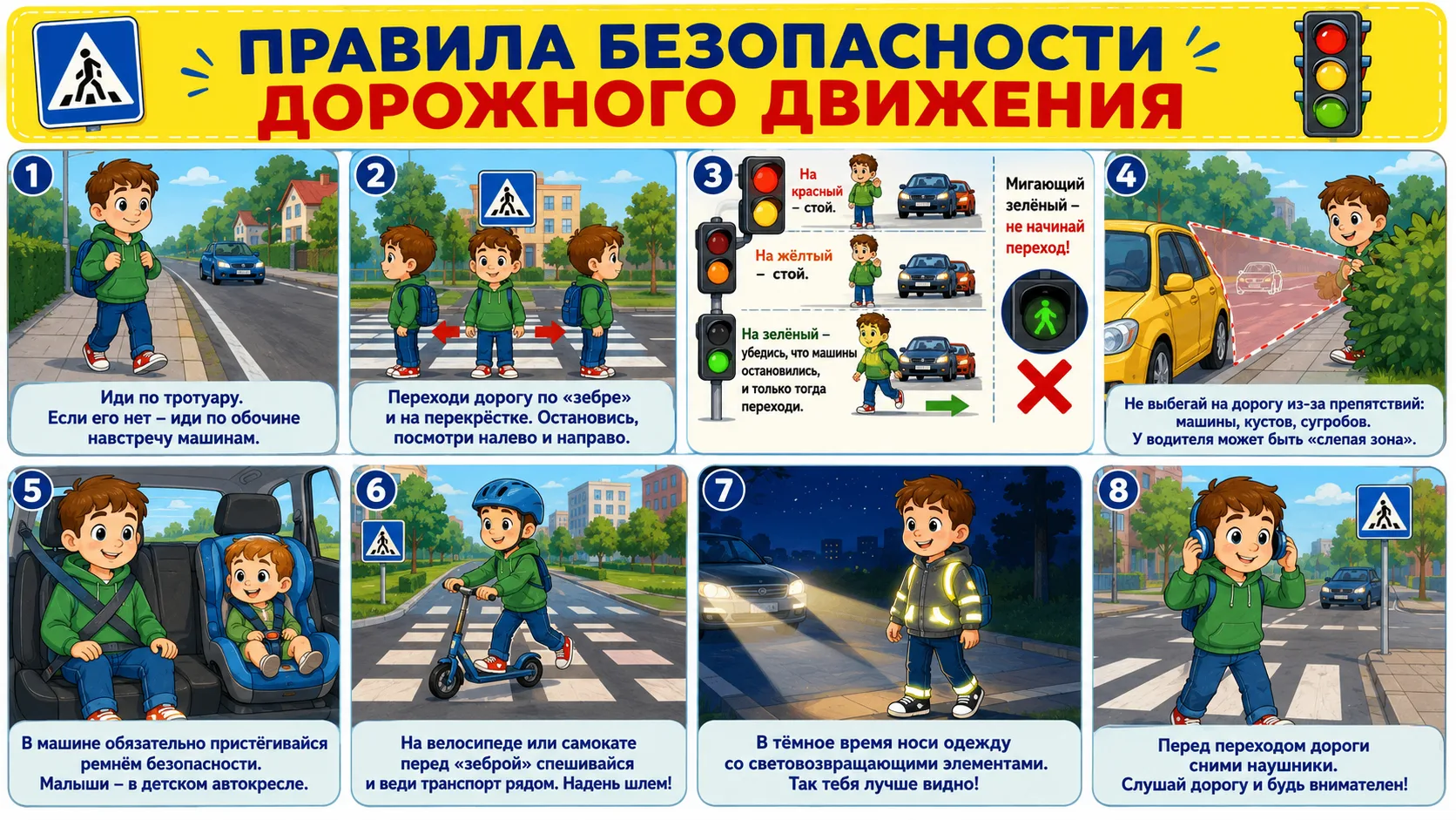 Иди по тротуару. Если тротуара нет — иди по обочине навстречу машинам.
Переходи дорогу только там, г