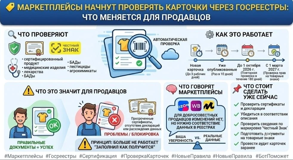🔖 МАРКЕТПЛЕЙСЫ НАЧНУТ ПРОВЕРЯТЬ КАРТОЧКИ ЧЕРЕЗ ГОСРЕЕСТРЫ: ЧТО МЕНЯЕТСЯ ДЛЯ ПРОДАВЦОВ

Коллеги, пра