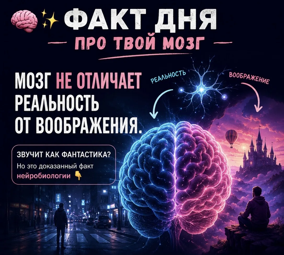 🧠✨ ФАКТ ДНЯ ПРО ТВОЙ МОЗГ

Мозг не отличает реальность от воображения.
Звучит как фантастика? Но эт
