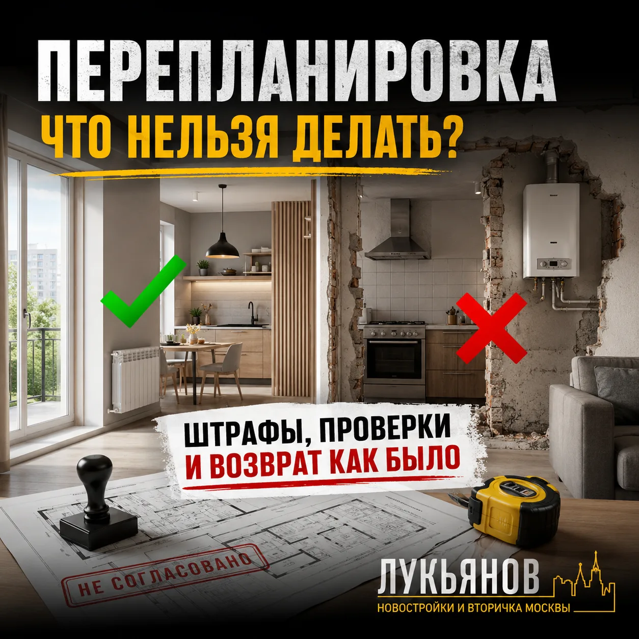 ❌Что запрещено делать при перепланировке?