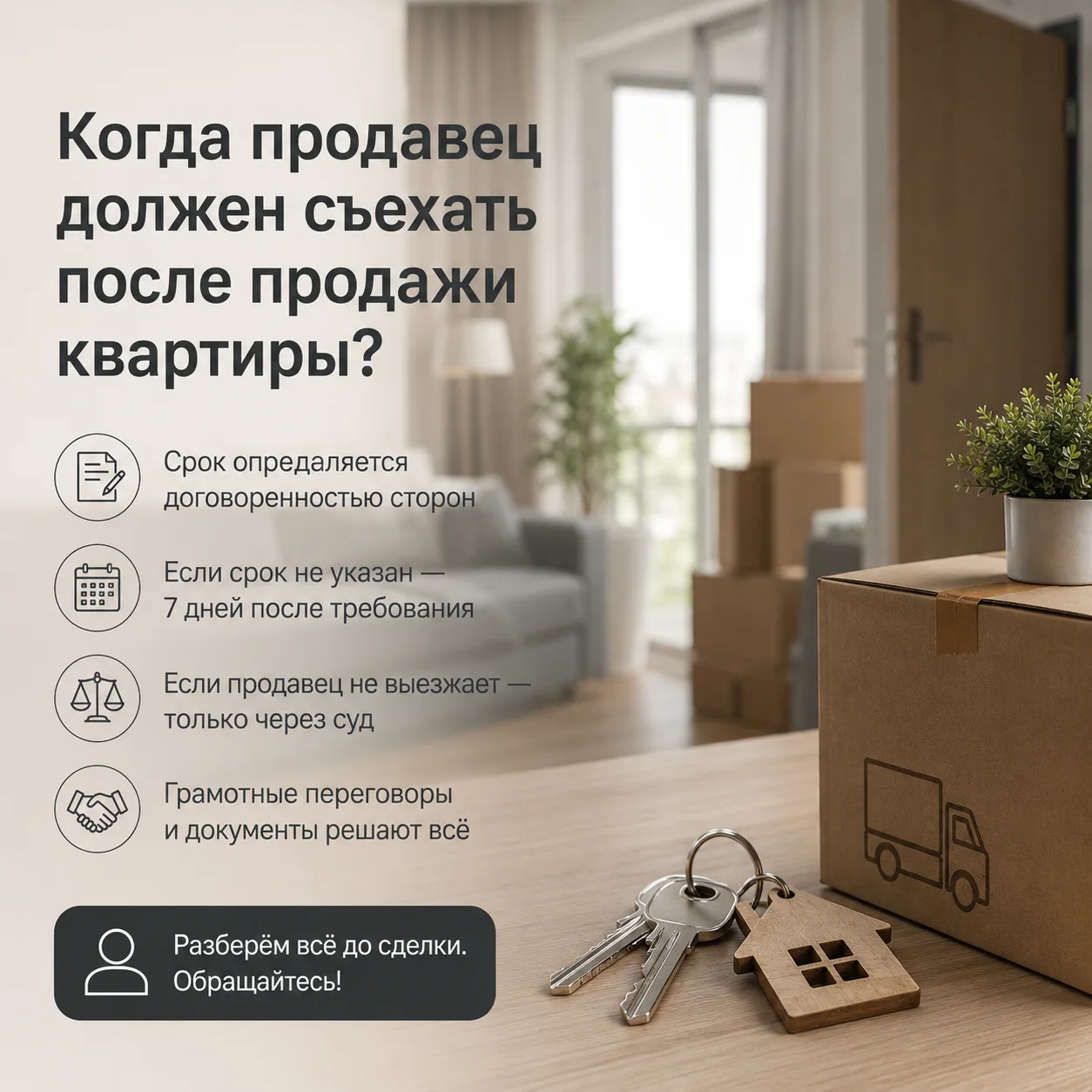 Освобождение жилья после продажи

Квартиру продали. Деньги получили. И тут возникает вопрос, который