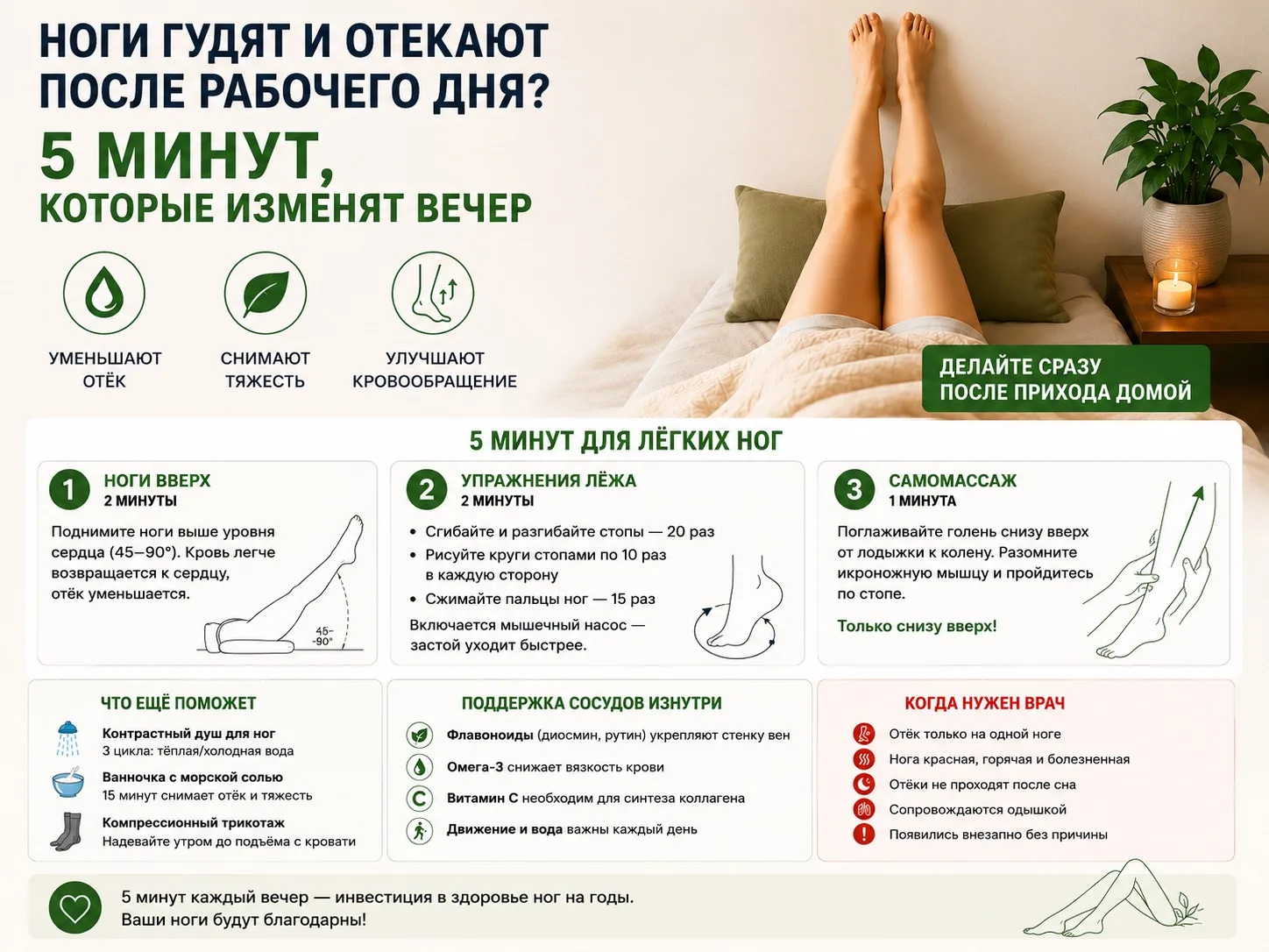 Ноги гудят и отекают к вечеру — пять минут которые действительно помогают.