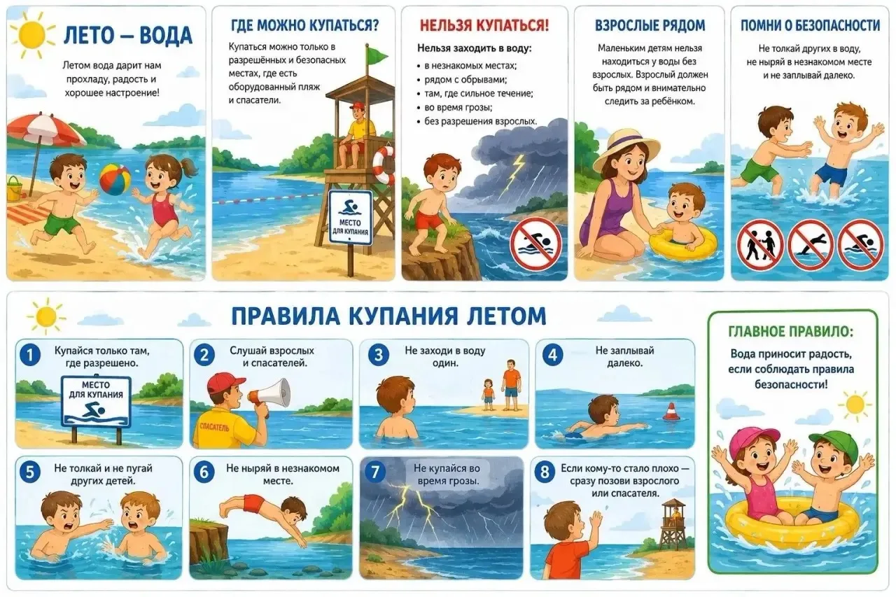 Лето = вода. Но чтобы отдых не закончился звонком в 112, напоминаем главные правила куп...