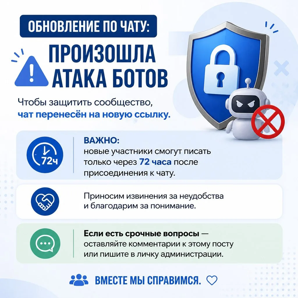 Обновление по чату: произошла атака ботов. Чтобы защитить сообщество, чат перенесён на ...
