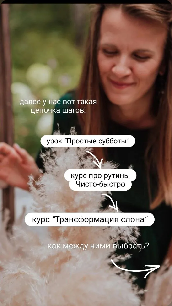 Далее у нас вот такая цепочка шагов:
• урок Простые субботы
• курс про рутины Чисто-быстро
• курс Тр