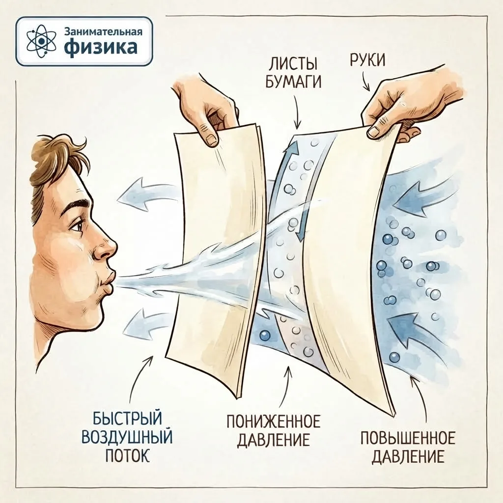 🌬️ ПАРАДОКС ДВУХ БУМАЖЕК: ПОЧЕМУ ПОТОК ВОЗДУХА ЗАСТАВЛЯЕТ ИХ СЛИПНУТЬСЯ?
