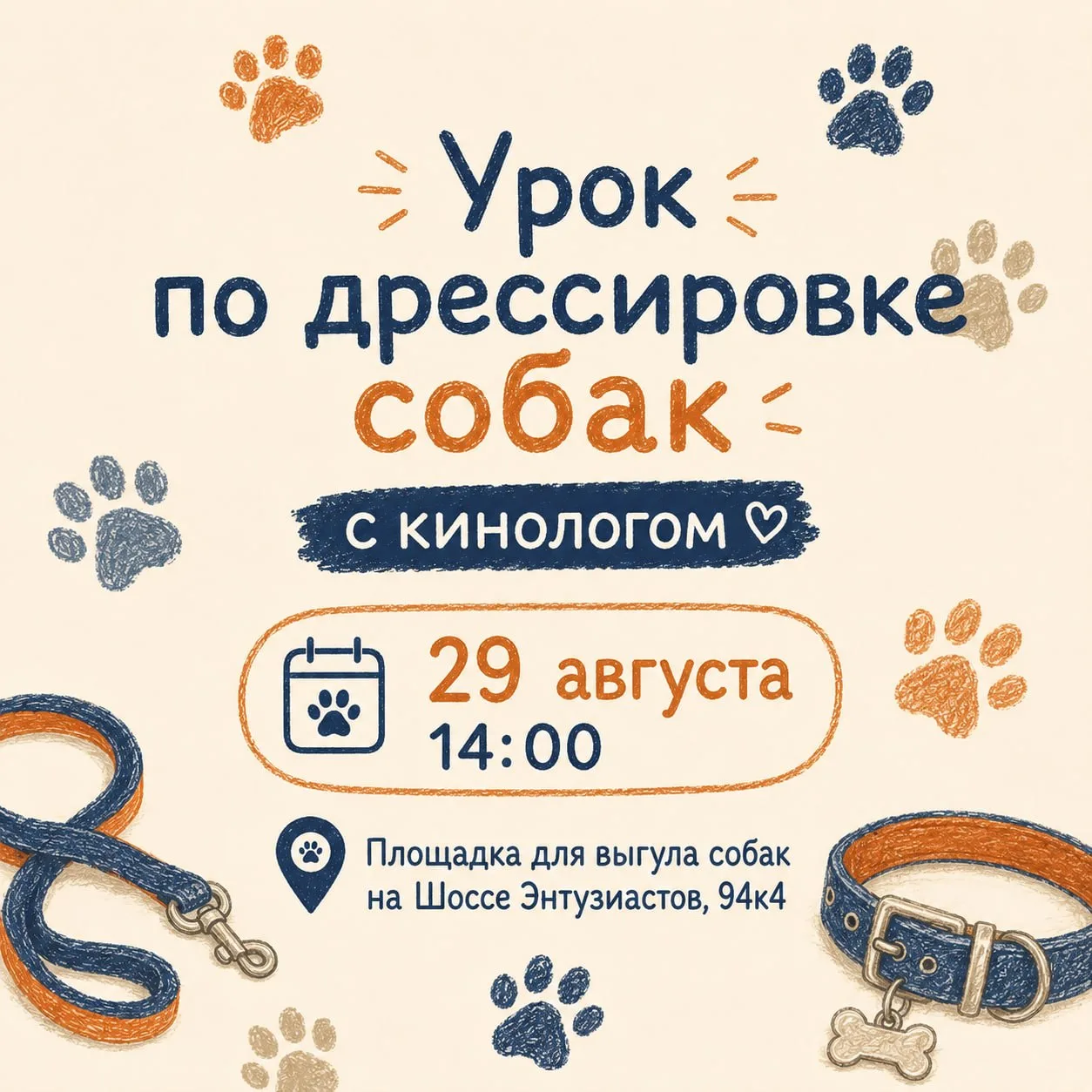 29 августа пройдёт открытый урок по дрессировке собак с профессиональным кинологом.