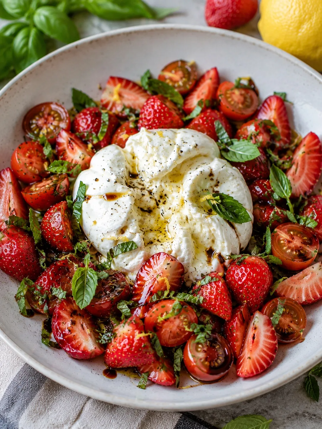 Летний салат с клубникой, черри и бурратой 🍓🍅

Получается очень свежо, сочно и по-летнему. И готов