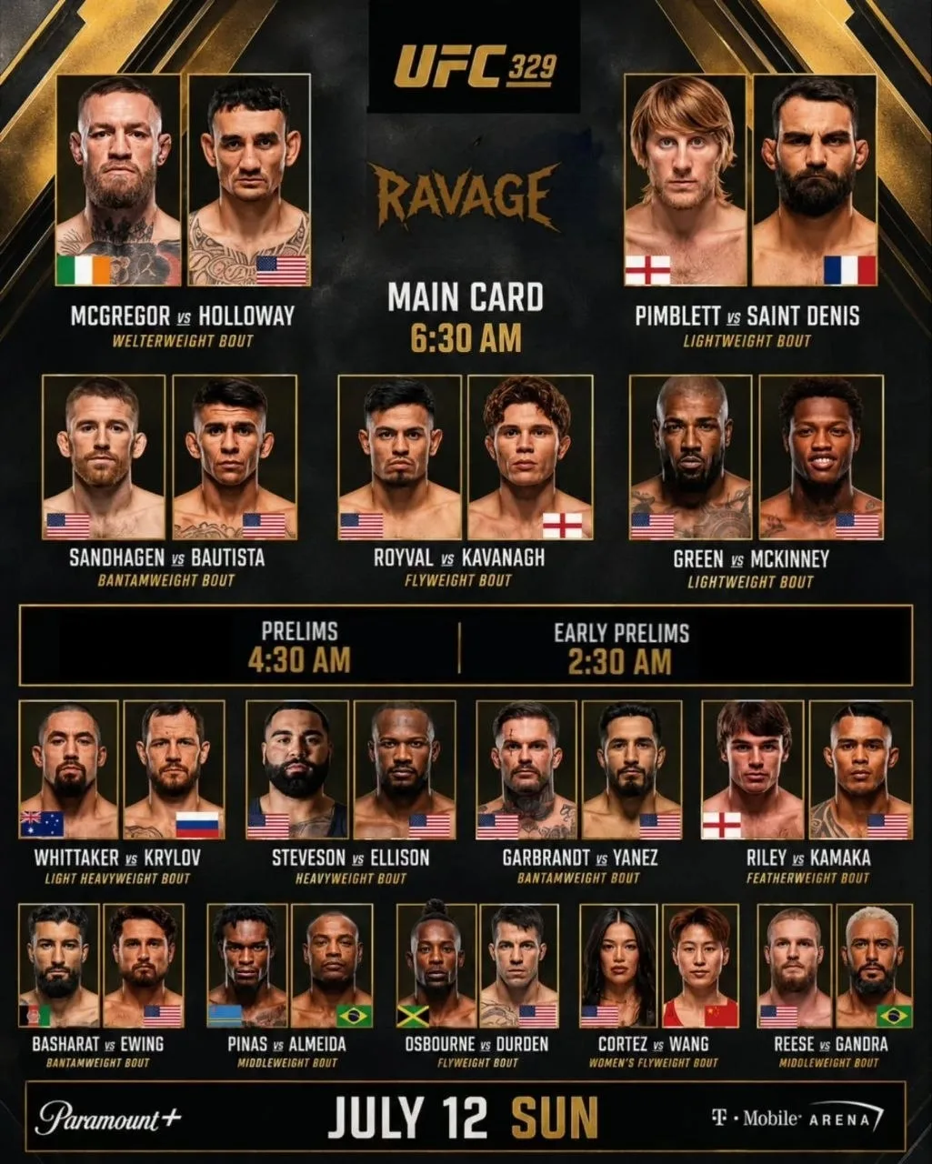 ☄️ Актуальный кард турнира UFC 329: Макгрегор – Холлоуэй 2, который пройдет 12 июля в Л...
