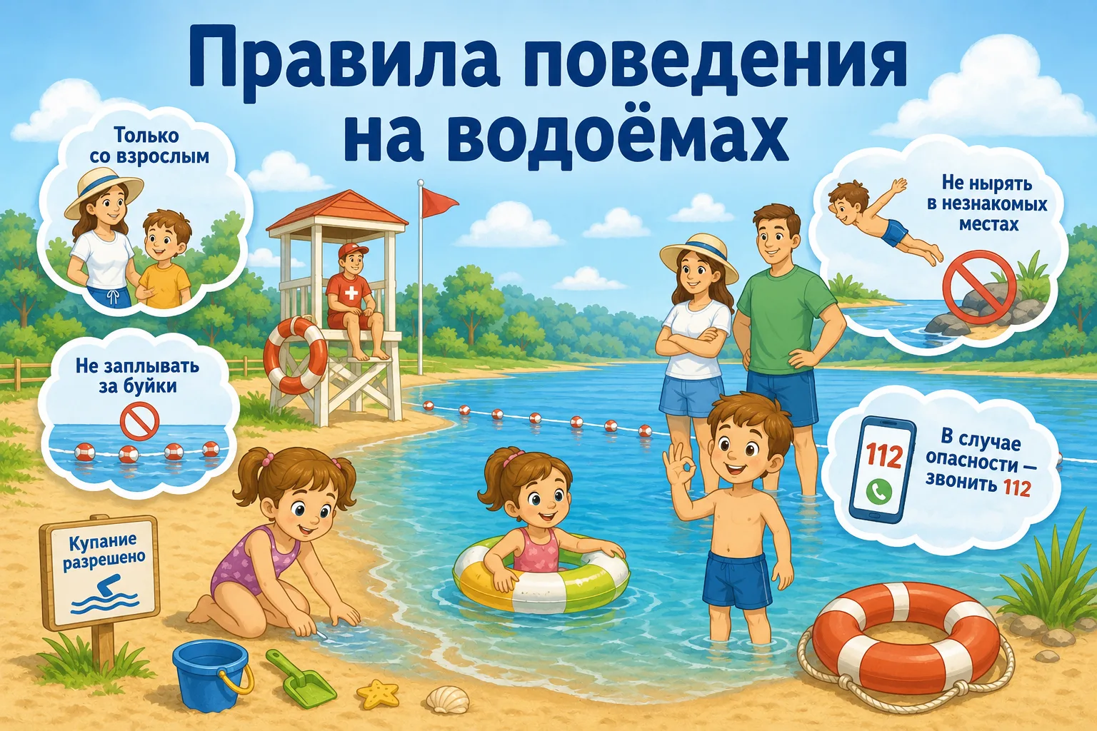 - Только со взрослым. Ребёнок не должен подходить к воде и купаться без присмотра.
- Купаться — на о
