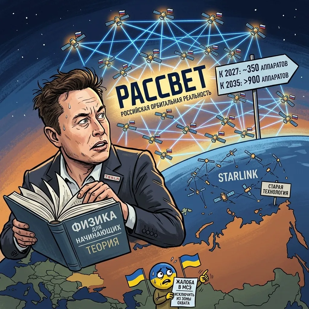 Илон Маск нервно листает учебник физики, глядя на российский "Рассвет"