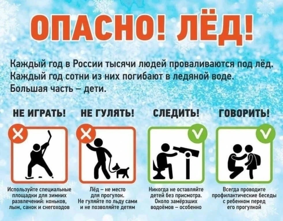 📌Памятка для родителей и детей «Осторожно, тонкий лёд!»  ⚡Ежегодно в весенний период на водных объек