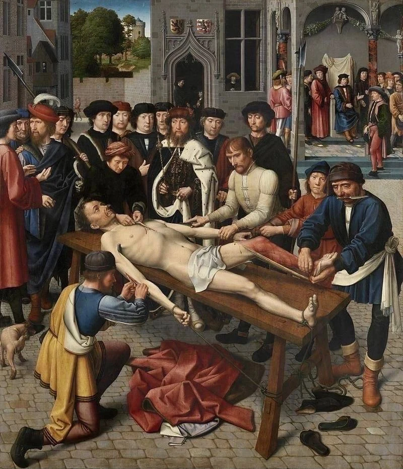 "Суд Камбиса", 1498 год.

Жуткая картина, изображающая сдирание кожи с коррумпированного царского су