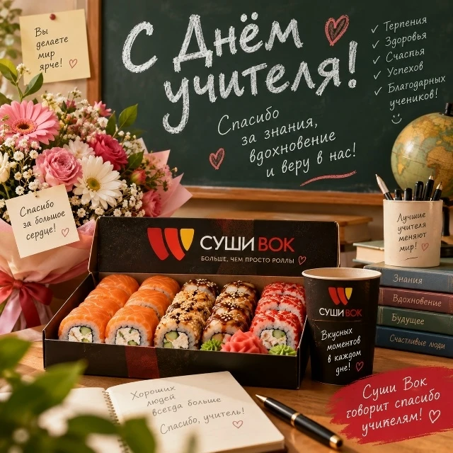 Суши Wok поздравляет учителей с профессиональным праздником, желая  здоровья, терпения,...