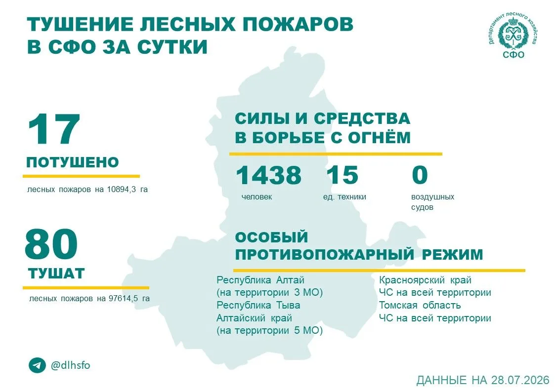 🟢За прошедшие сутки в 2 регионах Сибирского федерального округа потушили 17 лесных пожаров.

🧑‍🚒�