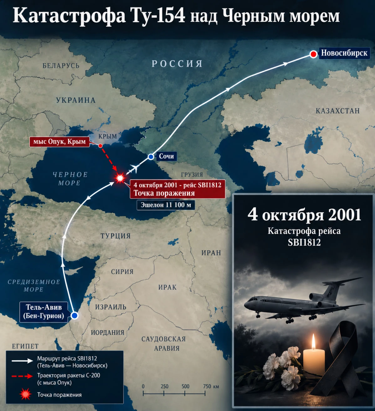 🕯4 октября 2001 года Ту-154 авиакомпании «Сибирь», выполнявший рейс Тель-Авив — Новоси...