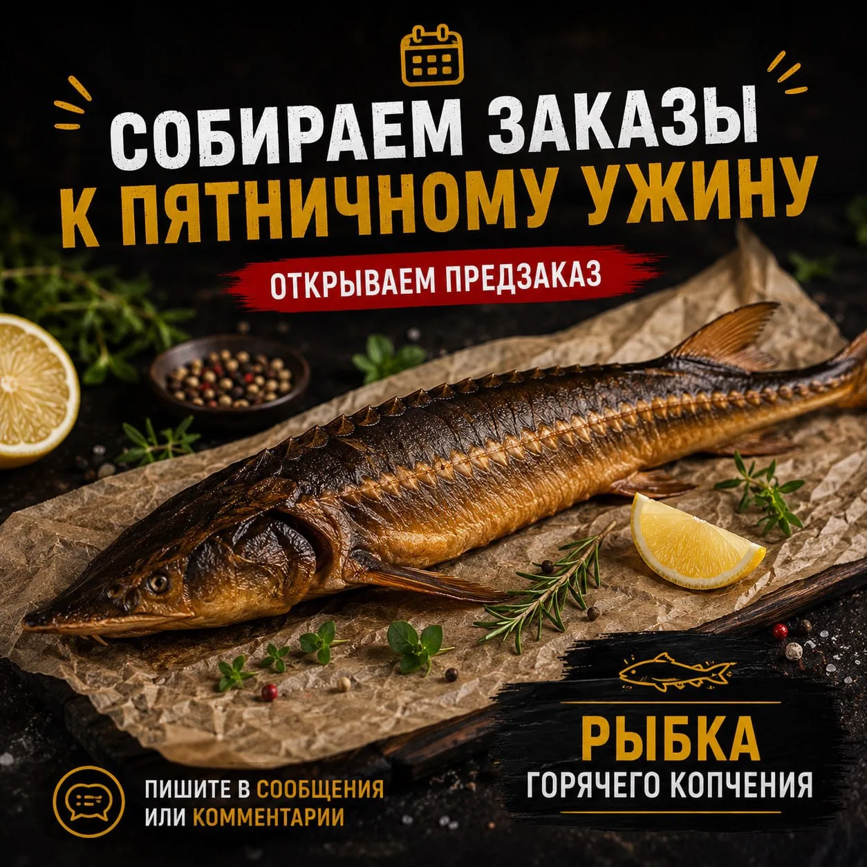 СОБИРАЕМ ЗАКАЗЫ К ПЯТНИЧНОМУ УЖИНУ

Открываем предзаказ на рыбу горячего копчения к вашему пятничном