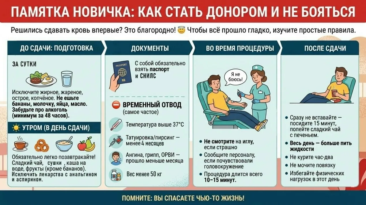🩸 Памятка новичка: как стать донором и не бояться