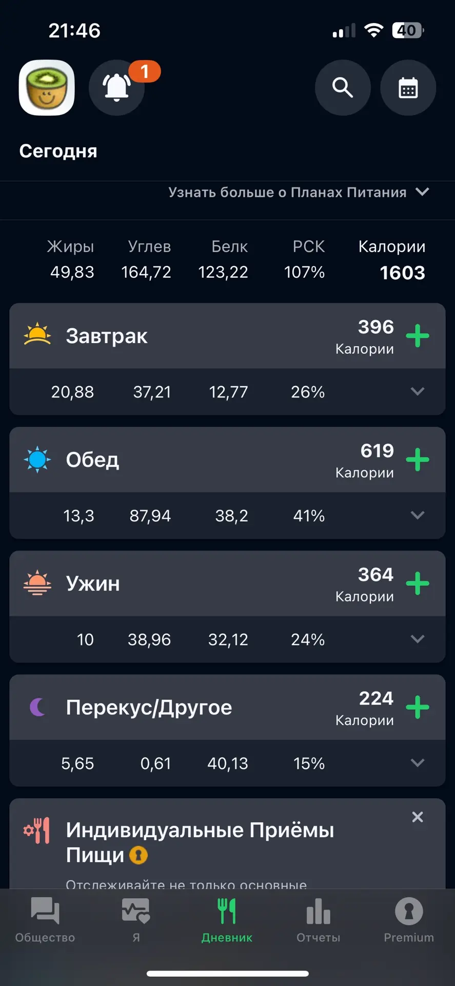 По калориям сегодня немного вышел перебор 😅, поэтому завтра надо будет съесть меньше