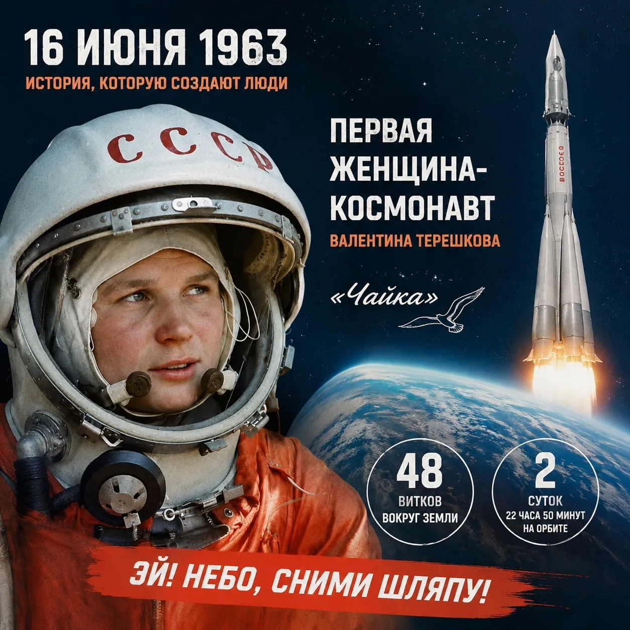 🗓 16 июня 1963 года — исторический день в космонавтике

В этот день Валентина Терешкова с позывным 