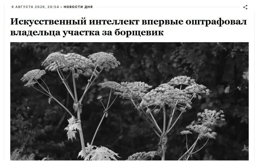 Первый штраф за борщевик с участием ИИ получил россиянин.

Жителю Подмосковья пришёл штраф на 150 ты