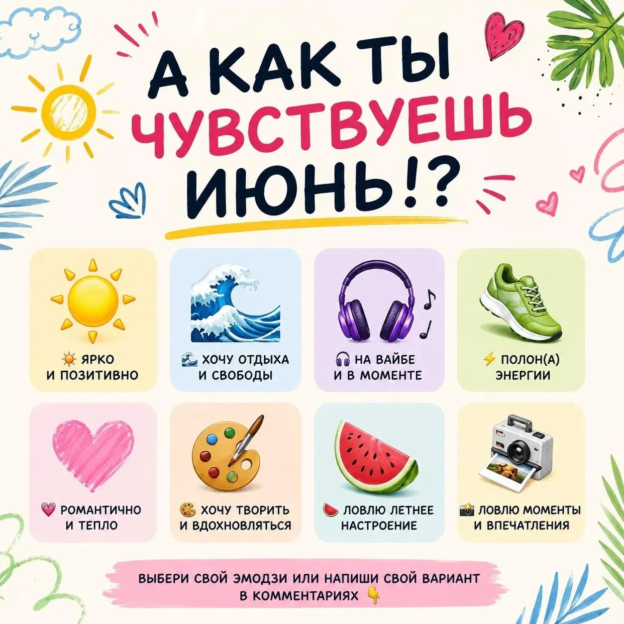 ☀️ — яркое лето
🌊 — отдых и свобода
🎧 — музыка и вайб
⚽ — активность и движ
🎨 — творчество
🍉 — л