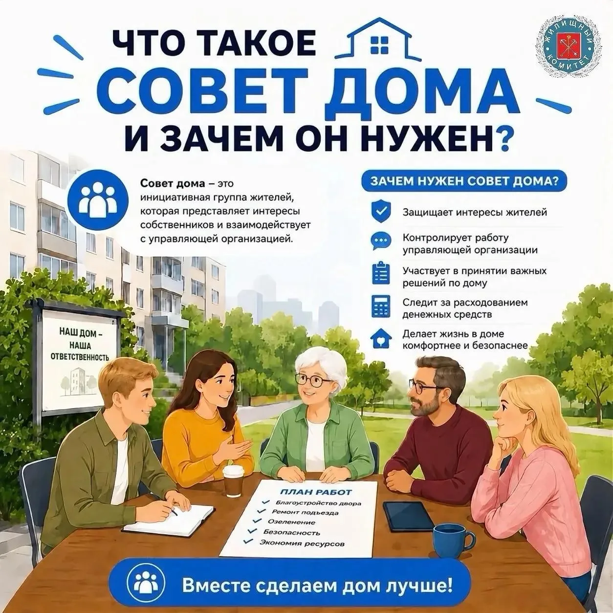 🏡 Что такое совет дома и зачем он нужен?

Совет дома — это собственники, которых выбрали сами жител