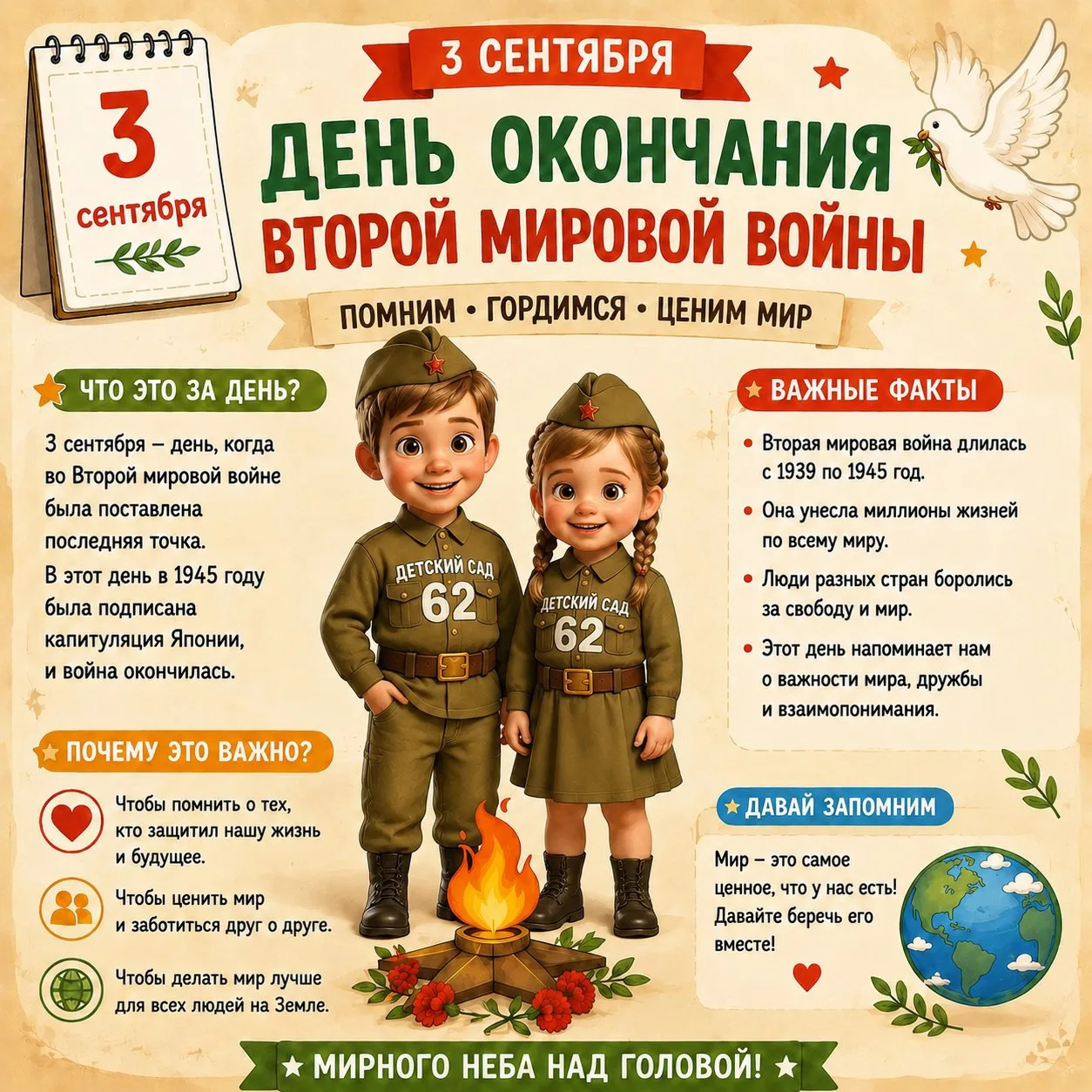 🌍 Сегодня, 3 сентября, мы отмечаем важную дату — День окончания Второй Мировой войны. ...